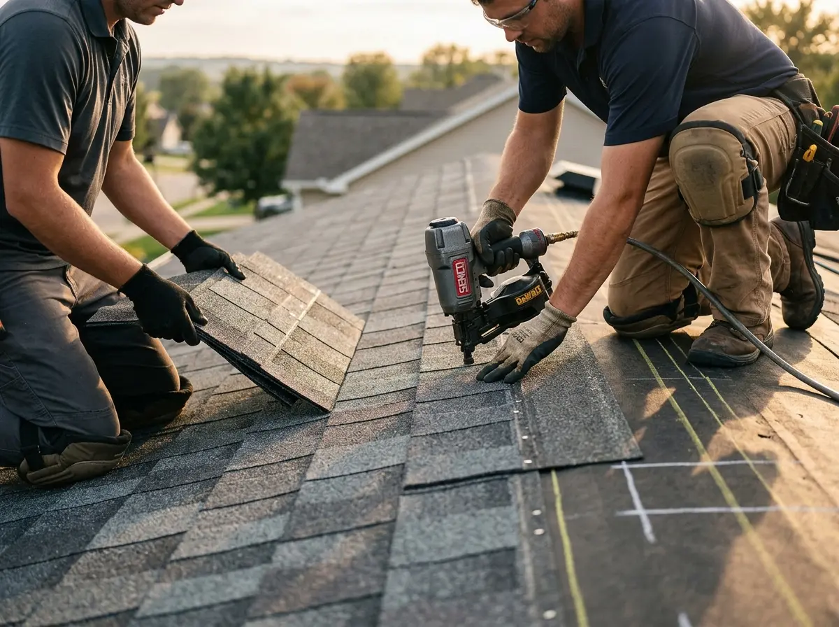 Professional roofer working on a residential roof in Columbia
